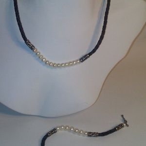 Leather & Real Pearl Necklace & Bracelet Set